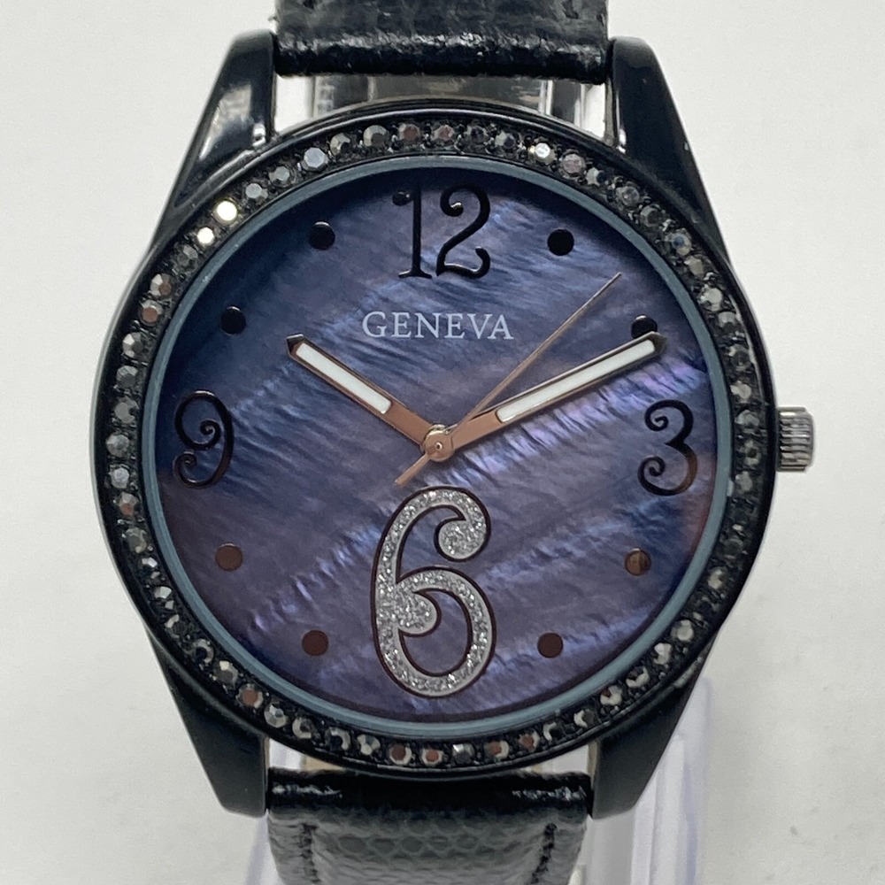 Geneva Marcasite Women's 41mm Watch Black Blue MOP Dial Bling New Battery 8.5"